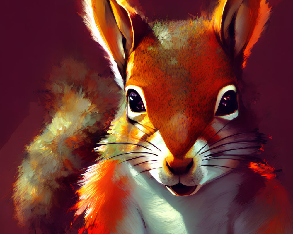 Colorful digital painting of squirrel with orange coat and fluffy tail on red background