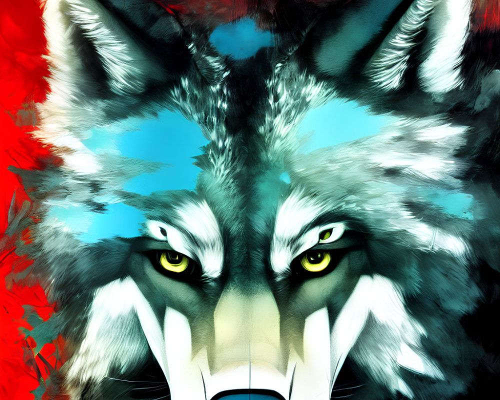 Vivid Wolf Face Art with Yellow Eyes on Red and White Background