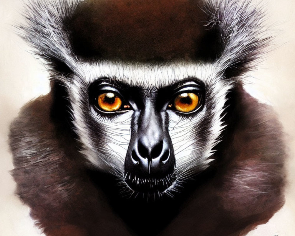 Detailed Illustration: Lemur's Face with Striking Orange Eyes and Black/White Features