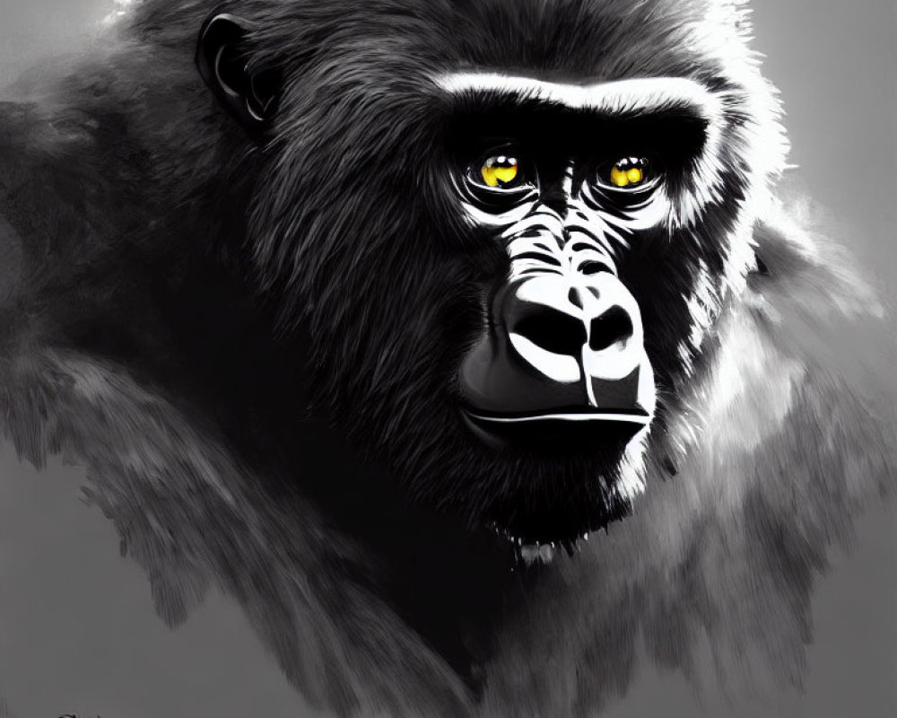Monochromatic gorilla art with yellow eyes on textured background