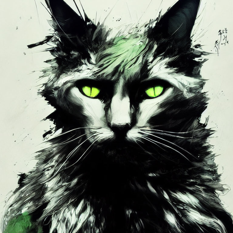 Stylized cat art with green eyes and dynamic brush strokes