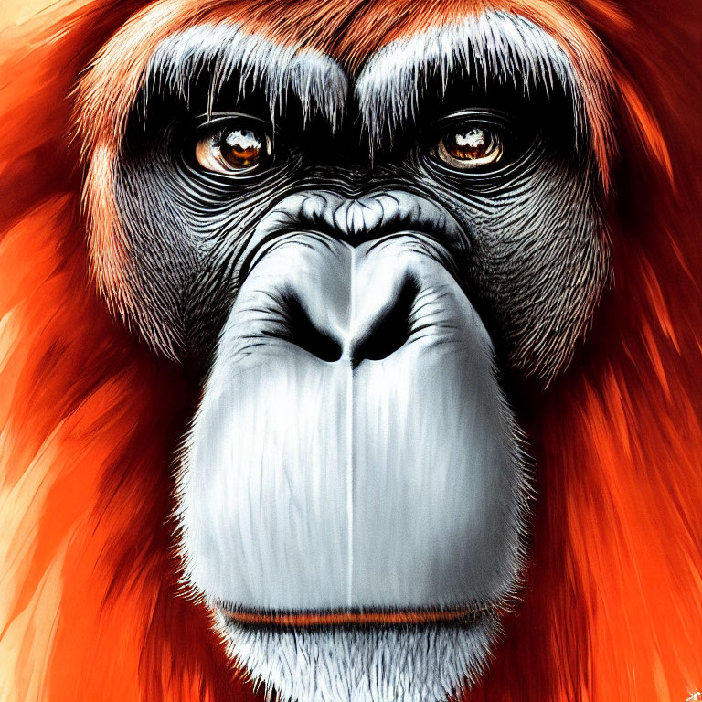 Detailed Close-Up Illustration of Striking Orangutan Portrait