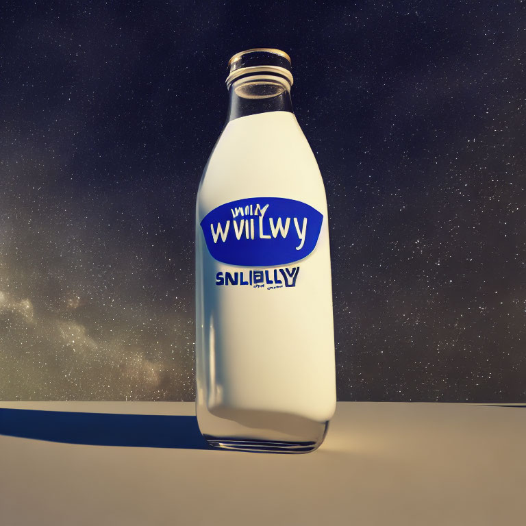 Blue-labeled milk bottle on surface under starry night sky