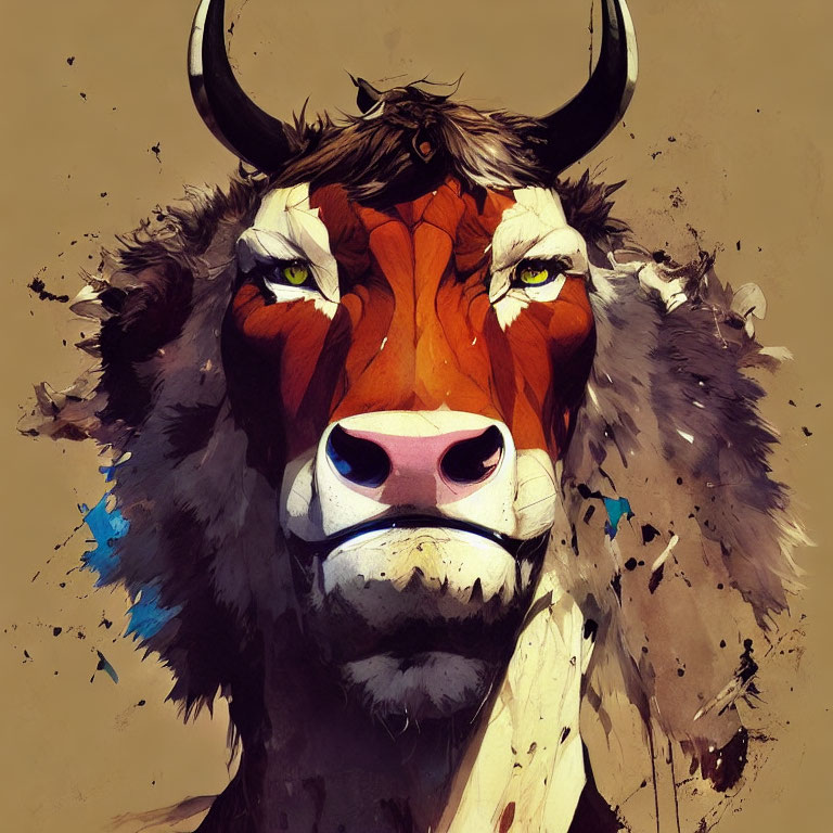 Vibrant bison illustration with intense eyes and dynamic splatters
