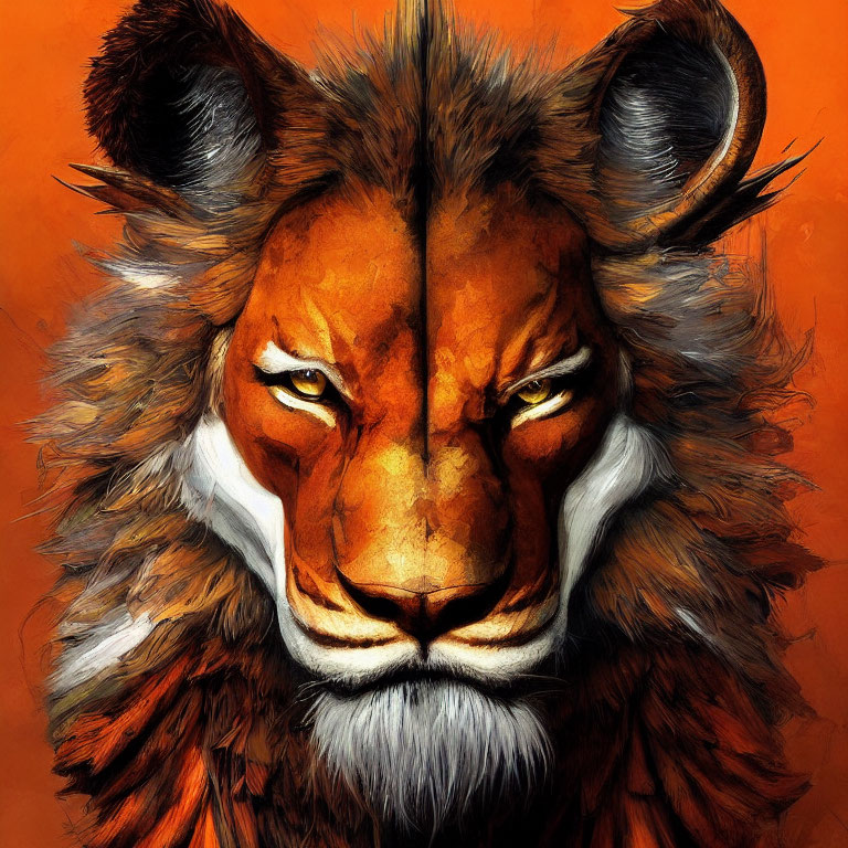 Detailed Lion Face Illustration with Intense Eyes and Full Mane on Orange Background