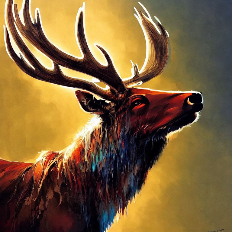 Vibrant Stag Artwork with Prominent Antlers & Golden Background