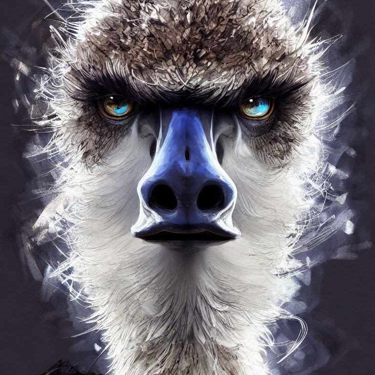 Detailed Close-Up Illustration of Ostrich's Head with Striking Blue Eyes