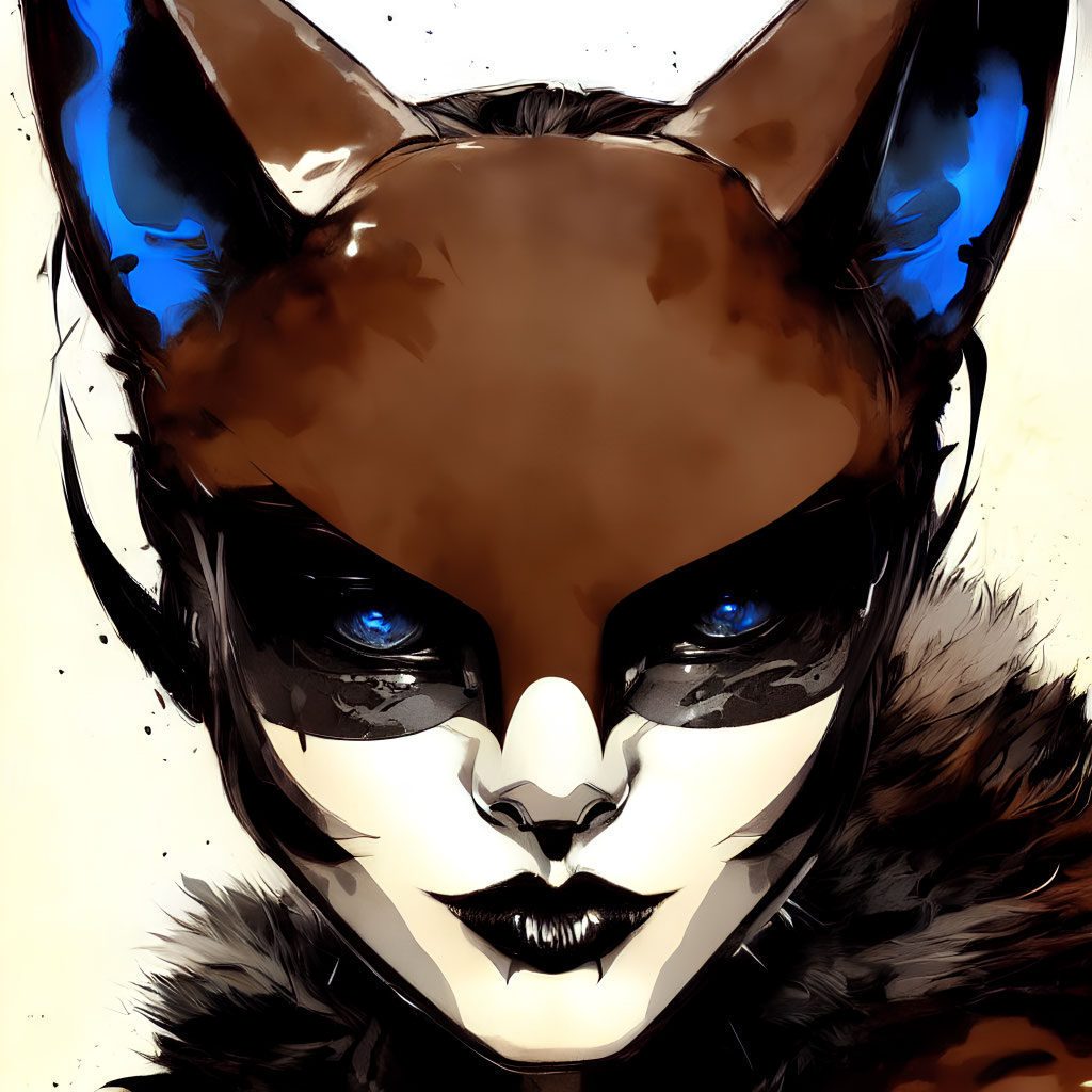 Person with Blue-Accented Fox Mask and Piercing Eyes
