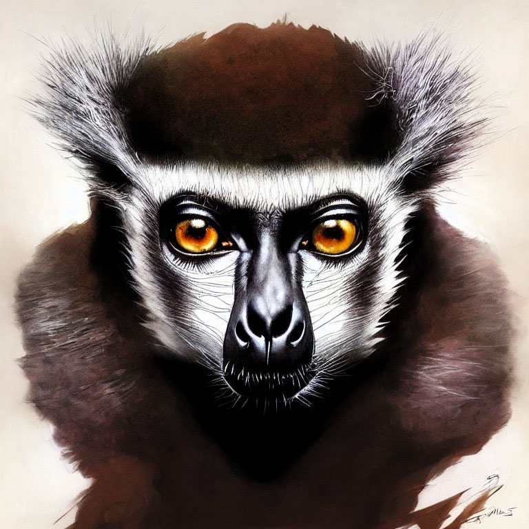 Detailed Illustration: Lemur's Face with Striking Orange Eyes and Black/White Features