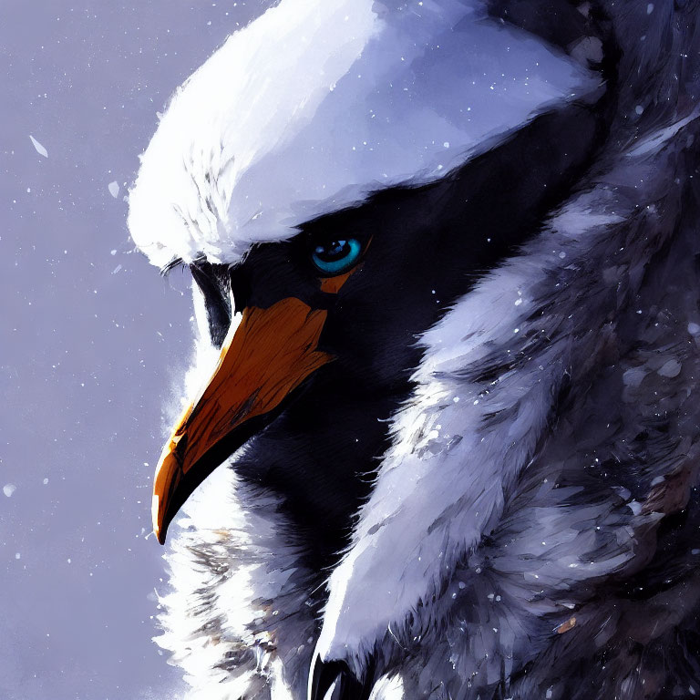 Detailed illustration of snow-covered eagle with sharp beak and intense blue eye