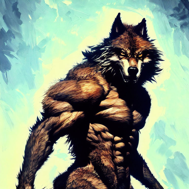 Anthropomorphic Wolf Artwork with Musculature on Blue Background