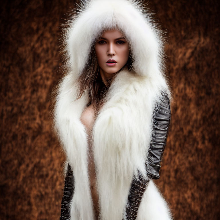 Fashionable person in white fur hood and jacket against textured backdrop