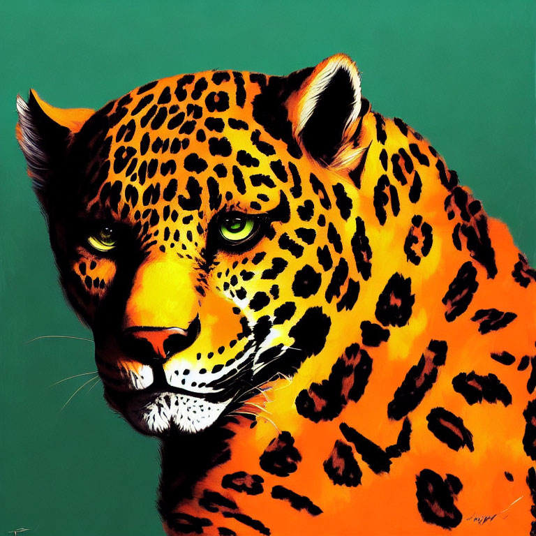 Vibrant leopard illustration with rosette patterns on green backdrop