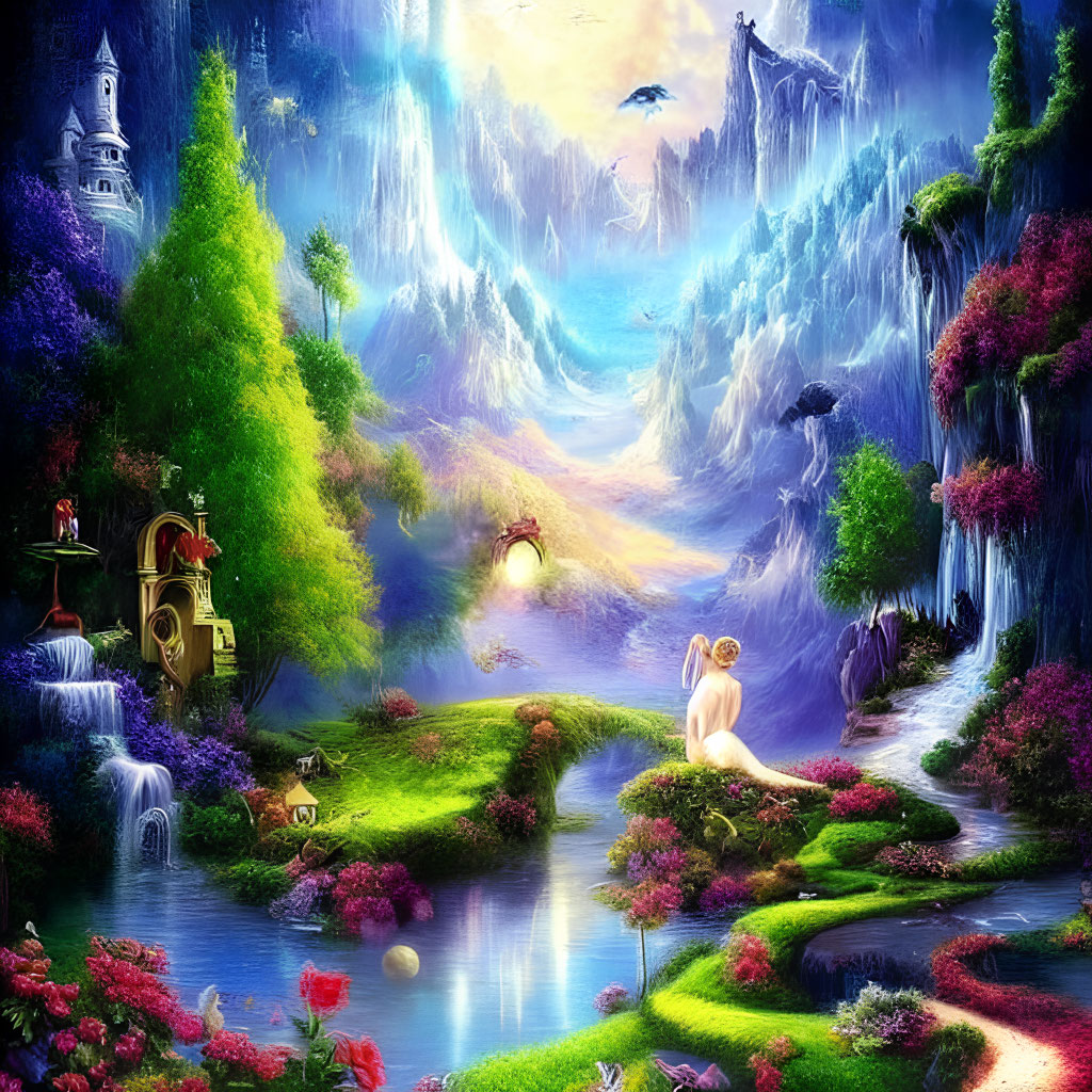Fantasy landscape with waterfalls, woman on bridge, colorful flora, distant castle, enchanting light