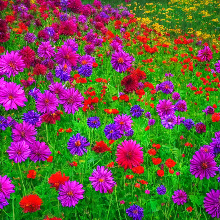 Multicolored flower field with purple, red, and yellow blossoms