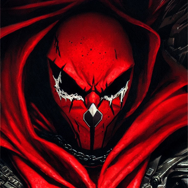 Red Hooded Figure with White Fangs and Diamond Symbol