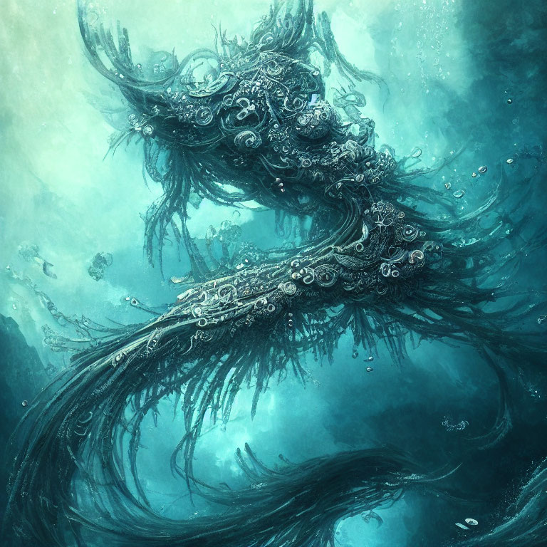 Intricate sea creature with ornate appendages in murky teal underwater scene