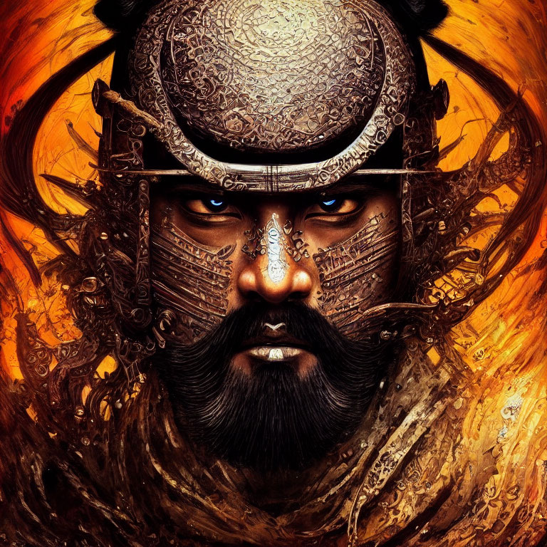 Detailed digital artwork of fierce warrior in intricate armor against fiery orange backdrop