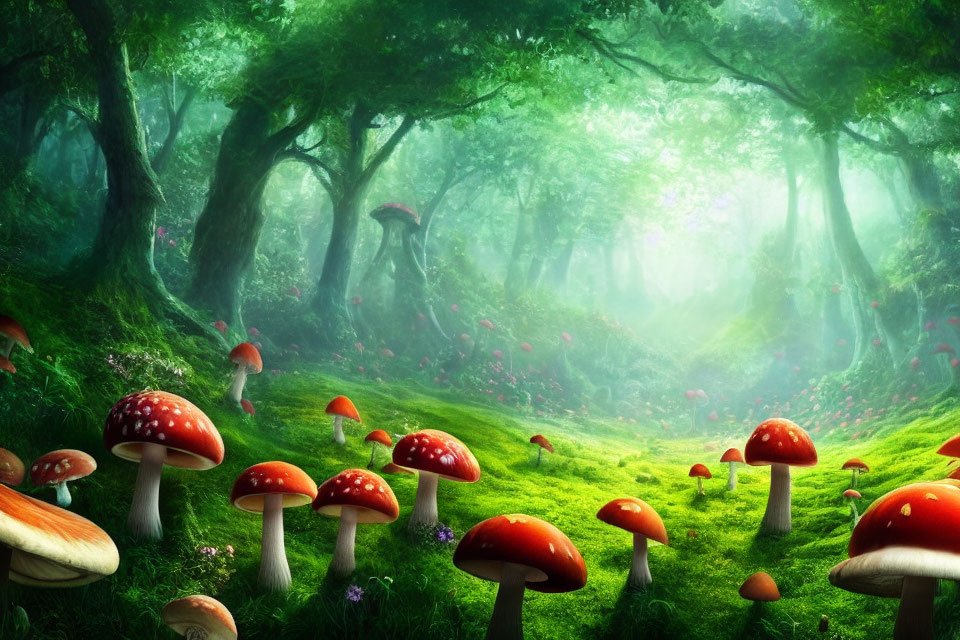 Vivid green foliage and large red-capped mushrooms in mystical forest