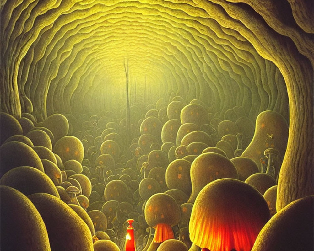 Luminous cavern with surreal walls and glowing mushrooms