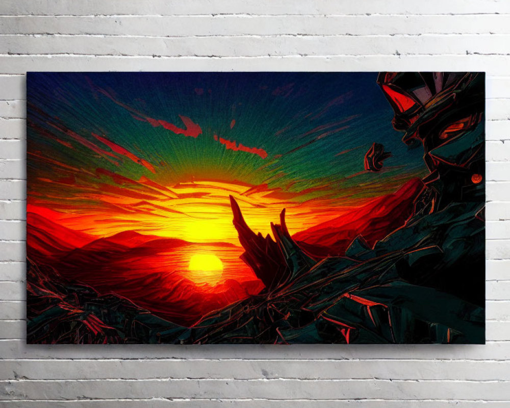 Colorful canvas painting of red and green sunset over abstract landscape