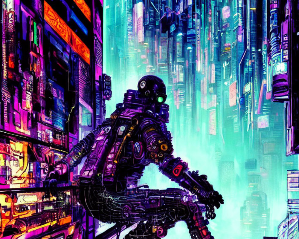 Astronaut on Edge of Futuristic Skyscraper in Neon-lit Cityscape