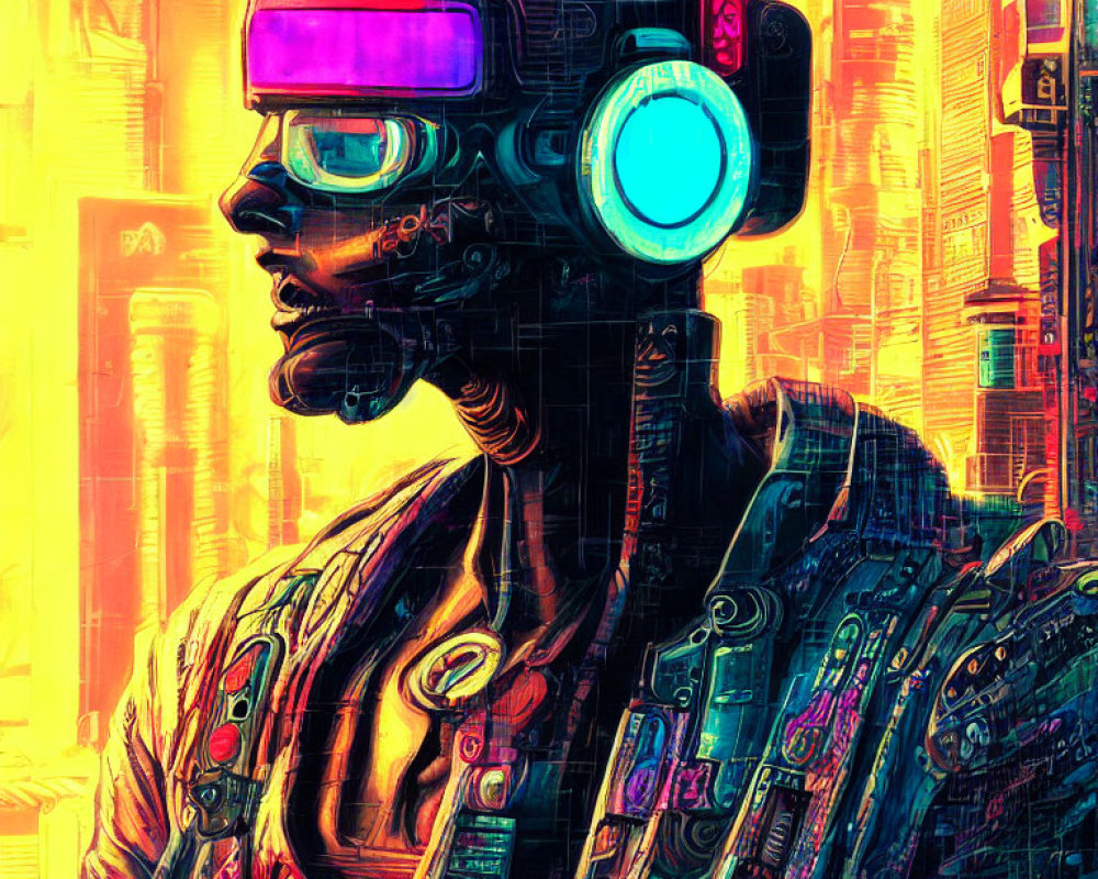 Futuristic cybernetic figure with vibrant visor and headset in neon-lit cityscape