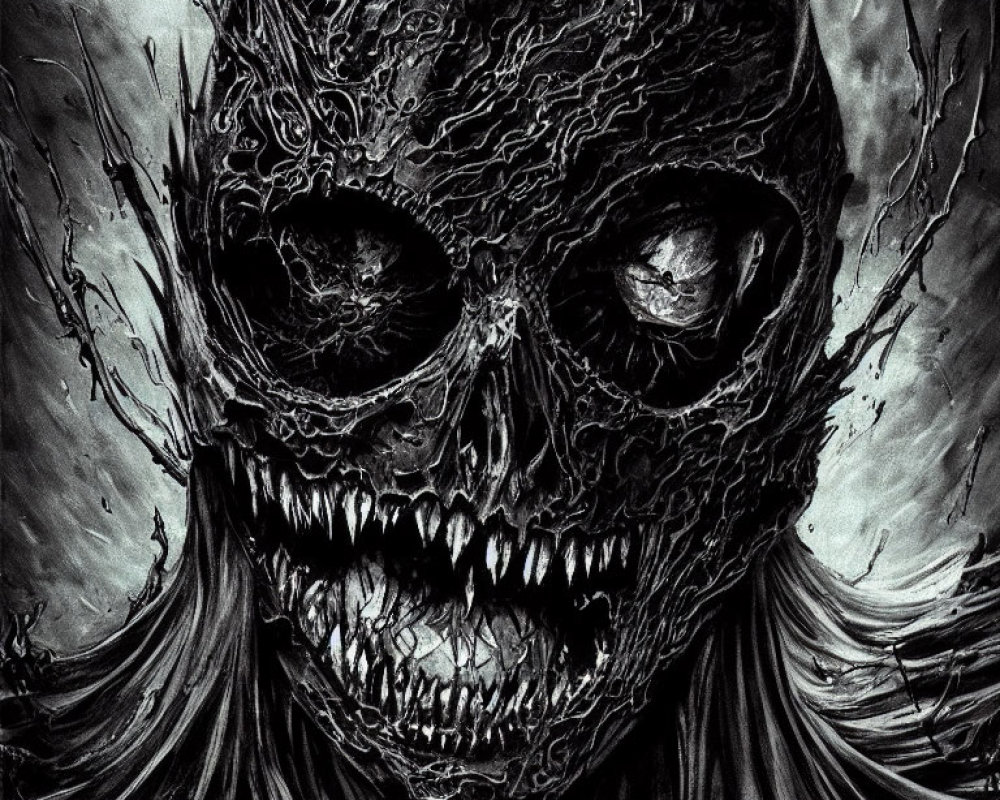 Menacing skull illustration with swirling textures and sharp teeth