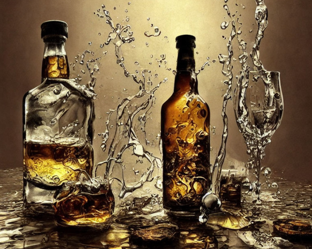 Whiskey bottles and glass in dynamic liquid splash scene