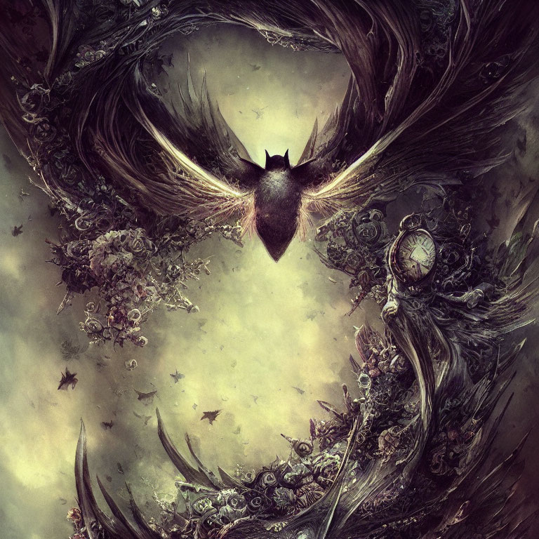 Dark Gothic Abstract Image: Bat-like Figure Surrounded by Swirling Shapes