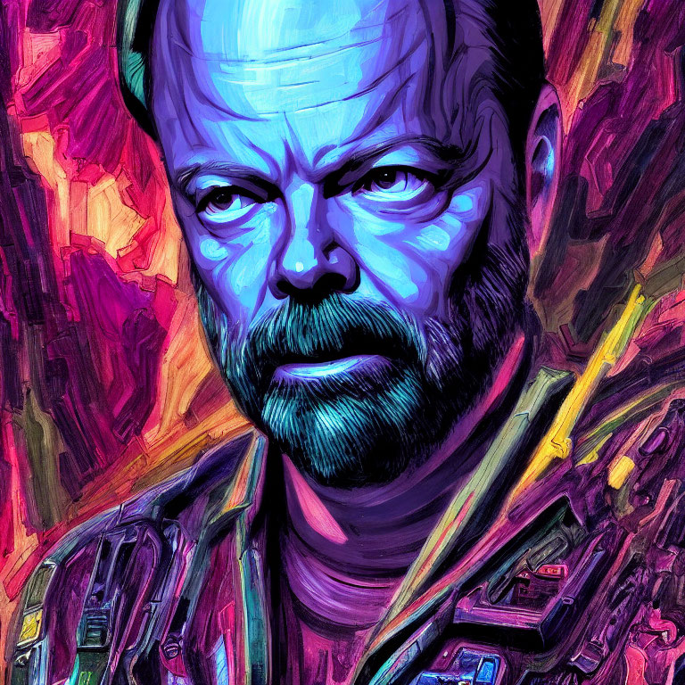 Colorful portrait of a bearded man with intense gaze in purple, pink, and blue hues.
