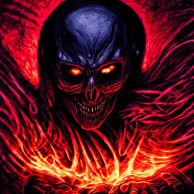 Intense skull with glowing red eyes in fiery red and black energy