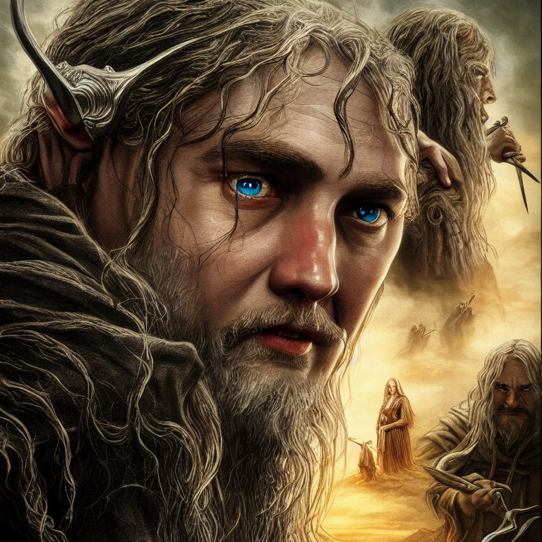 Bearded fantasy character with blue eyes in misty, tense scene