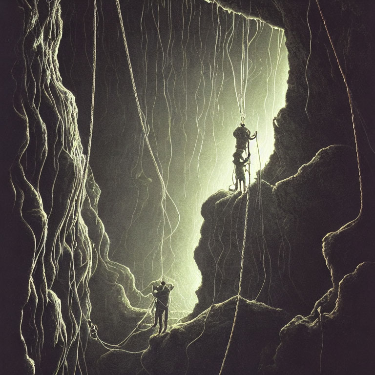 Climbers ascending rope in illuminated cavern with hanging roots