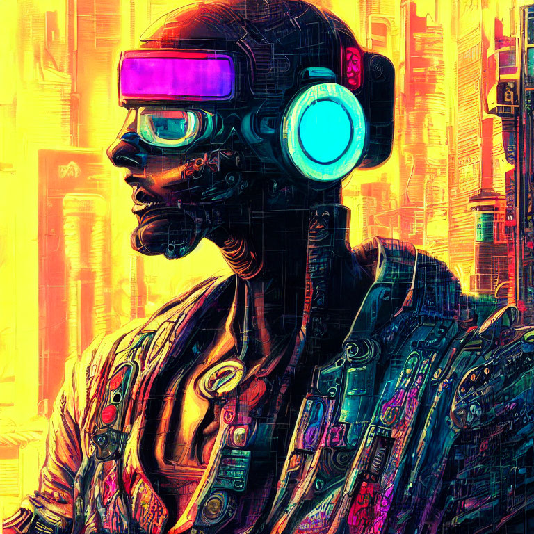 Futuristic cybernetic figure with vibrant visor and headset in neon-lit cityscape