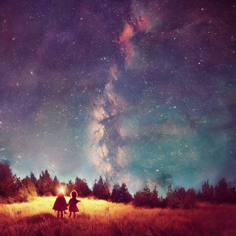 Children stargazing in grassy field under Milky Way galaxy