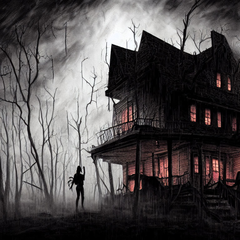 Creepy abandoned house in dark forest with red glowing windows and shadowy figure