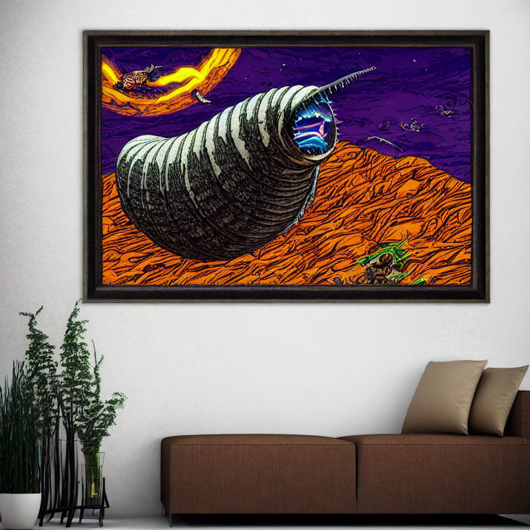 Vibrant painting of fantastical worm creature in alien landscape