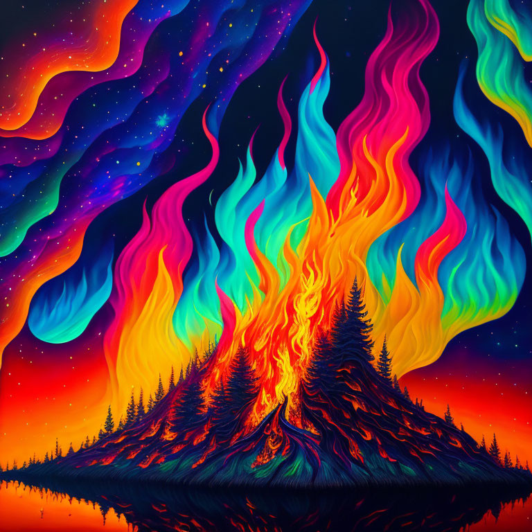 Colorful mountain painting with flames and starry night sky