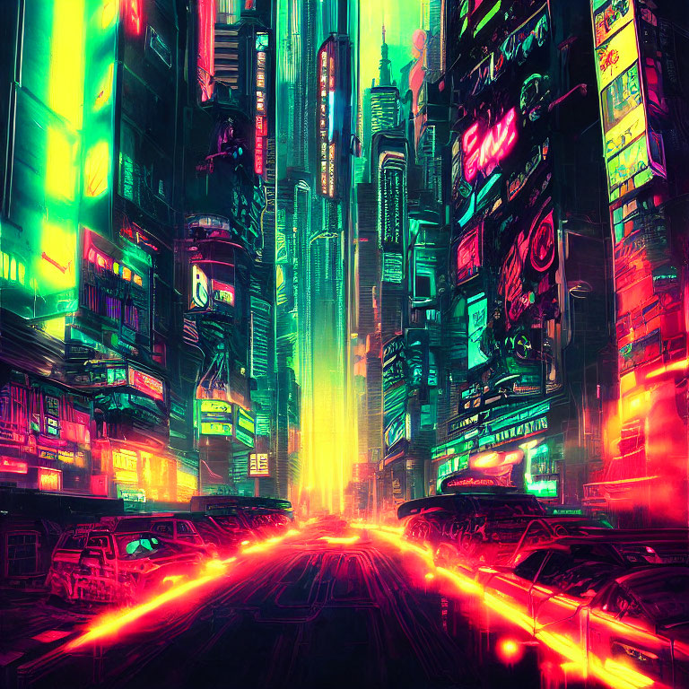 Vibrant cyberpunk cityscape: neon lights, skyscrapers, traffic streams