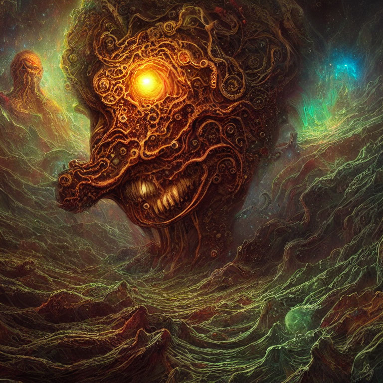 Detailed Surreal Cosmic Landscape with Glowing Eye Structure
