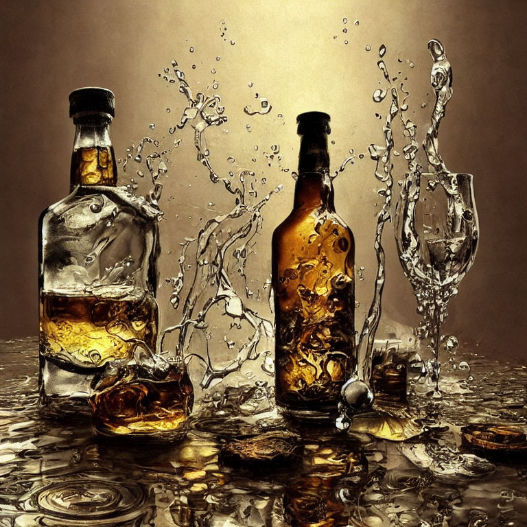 Whiskey bottles and glass in dynamic liquid splash scene