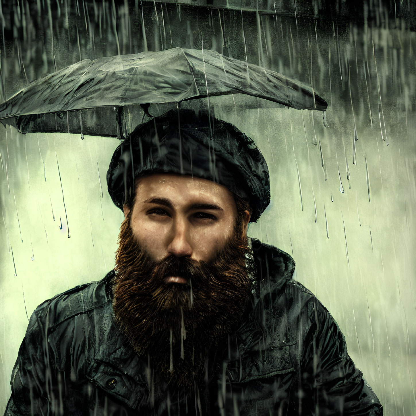 Bearded man in beret and raincoat with umbrella in heavy rain