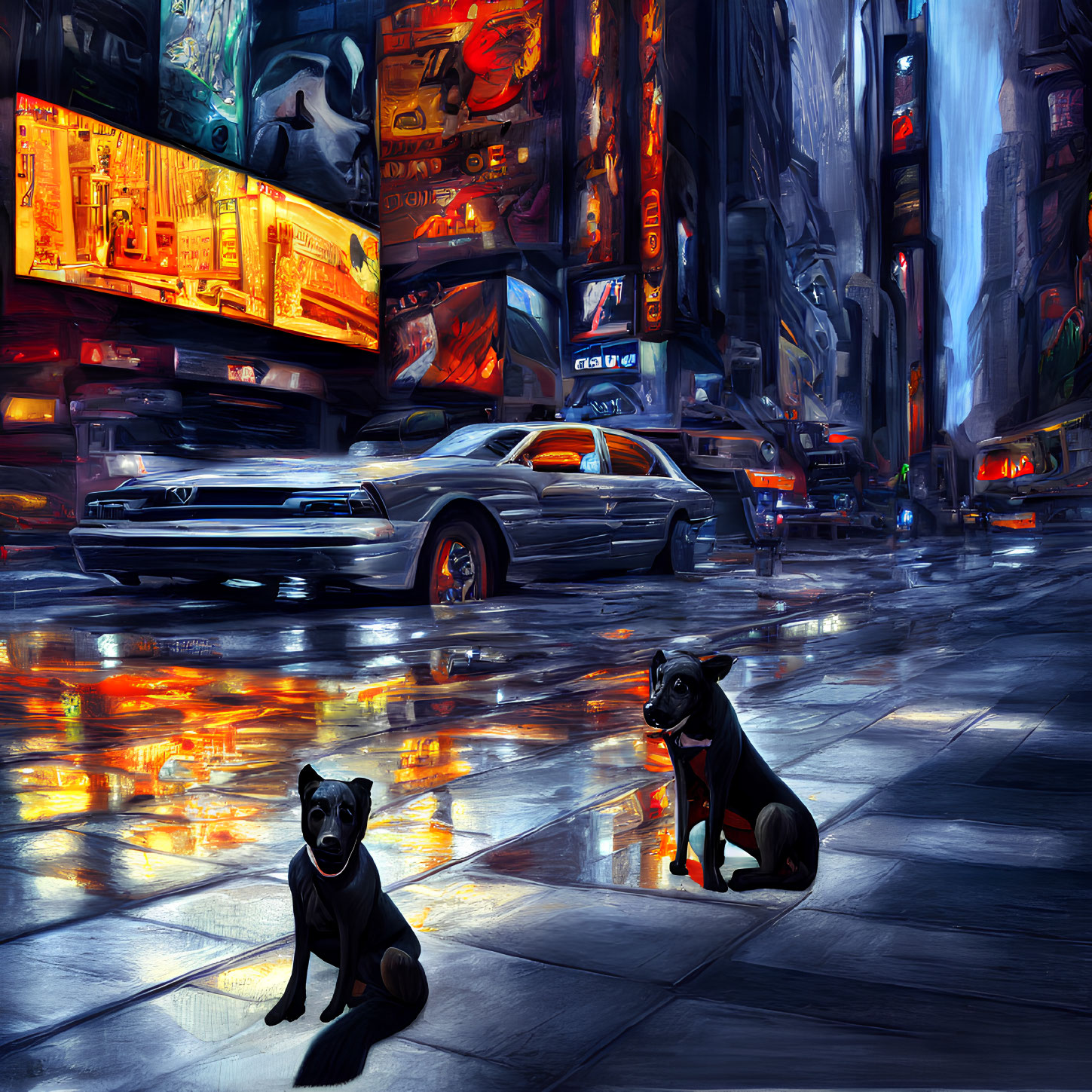 Neon-lit street with wet pavement, futuristic cars, and two dogs
