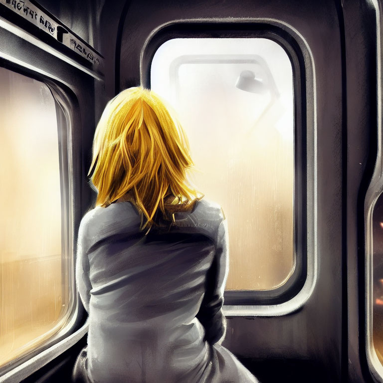 Blonde person looking out foggy train window with streetlight glimpse