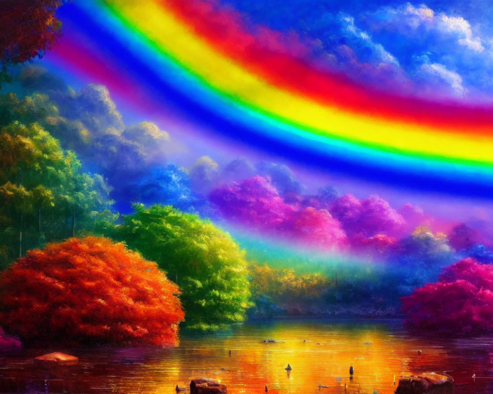 Colorful Nature Scene with Vibrant Rainbow Over Lake