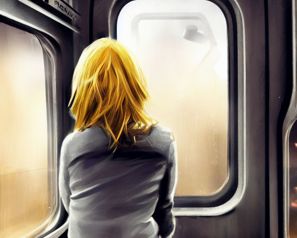 Blonde person looking out foggy train window with streetlight glimpse