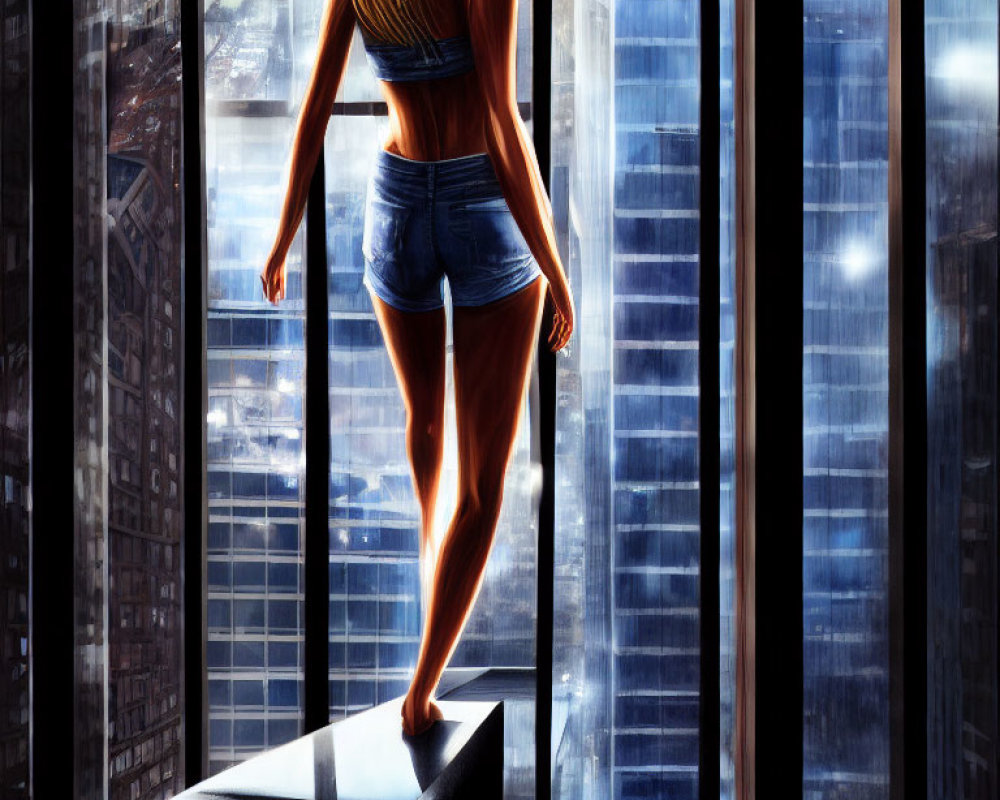 Woman in tank top and shorts on city ledge with skyscrapers, backlit by sun
