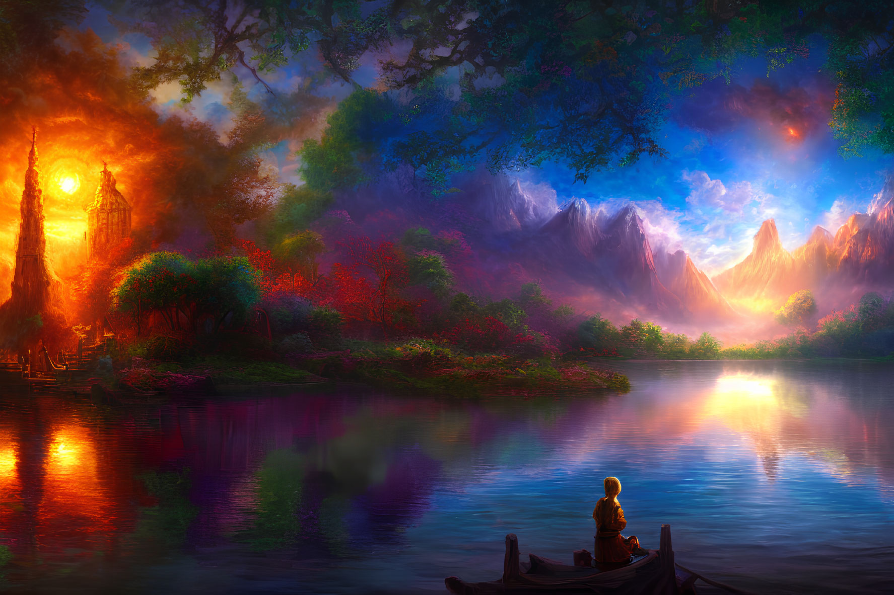 Person sitting on dock by serene lake with colorful trees, mountains, and sunlit sky