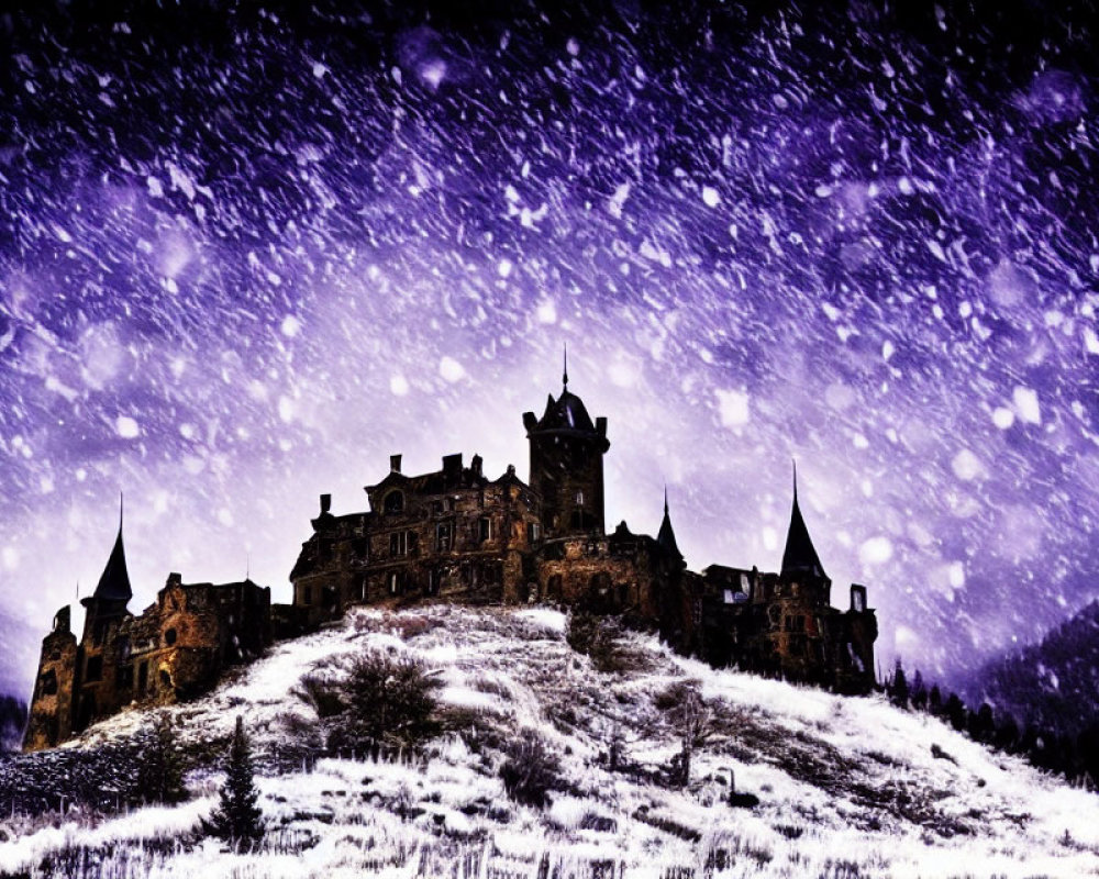 Snowy hill castle under starry sky with falling snowflakes in purple light